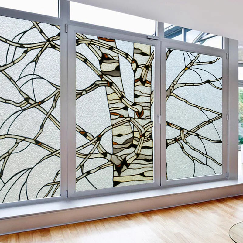 Window Film Stained Glass Stickers,Custom size Static Cling Frosted Privacy,Bird Tree Print For Transom Window Glass Home Decor