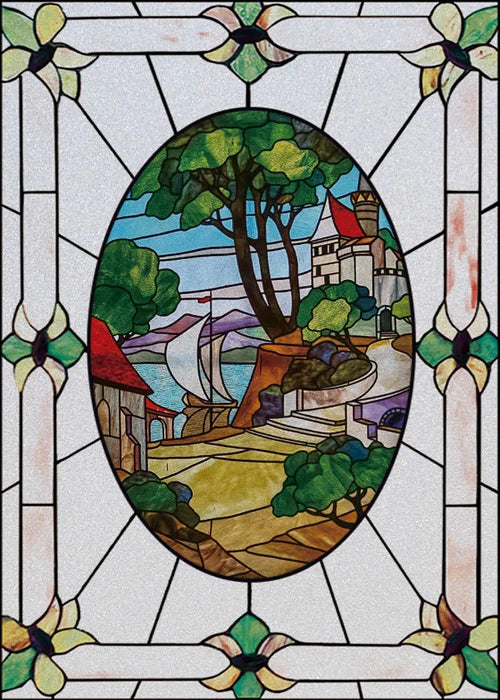 Window Film Stained Glass Stickers,Custom size Static Cling,Print Castle Church landscape Sailboat Sticker,Office Home Decor
