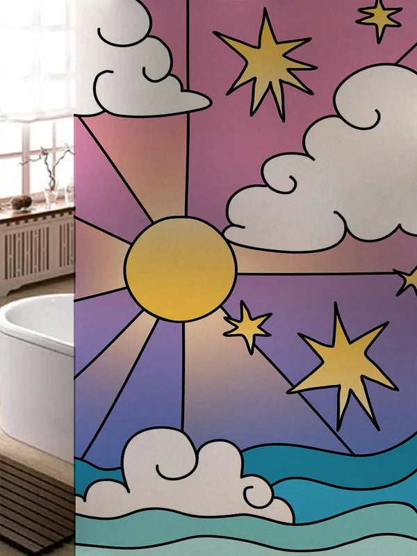 Stained Glass Window Film, Frosted Glass Sticker, Custom Size Castle Cartoon Pattern for Kids Room Door, Poster, Home Decor