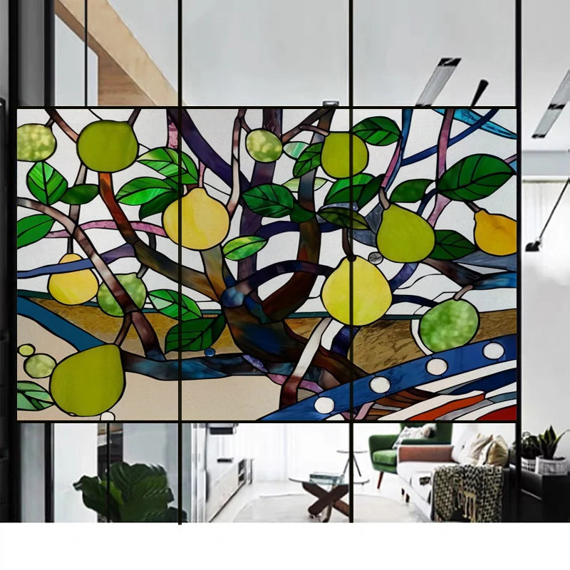 Landscape painting Stained Glass Films Transom/Windows Film Glass Sticker Static Cling Retro Vintage Style Custom Size