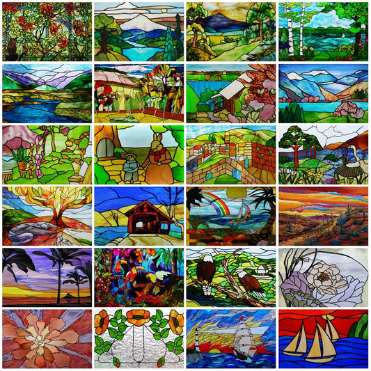 Window Film Stained Glass Stickers,Custom size Static Cling Frosted,Flower Bird Tree Print For Transom Window Glass Home Decor