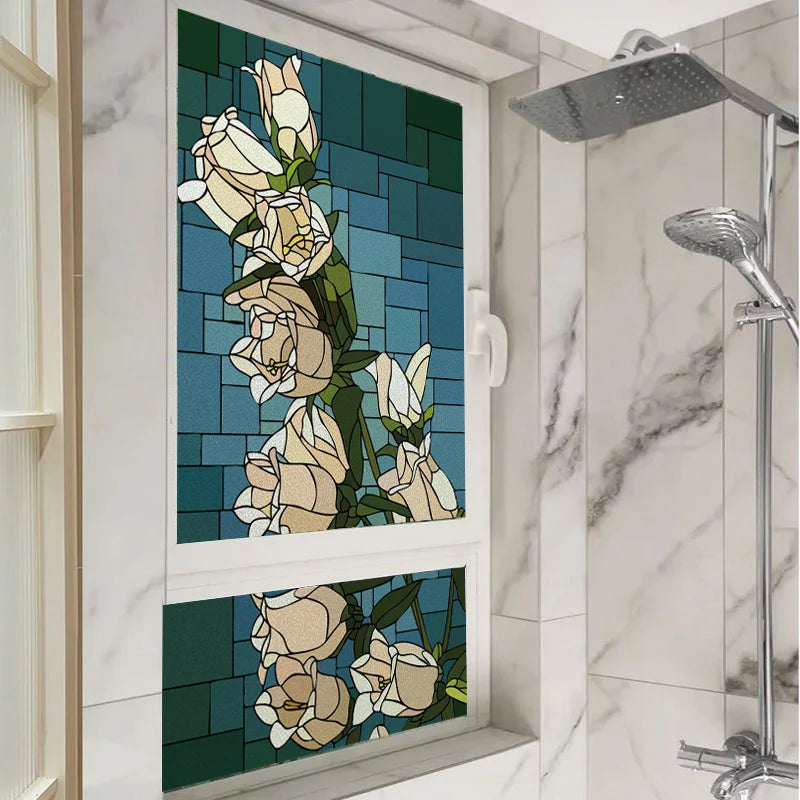 Window Film Stained Glass Stickers,Custom size Static Cling Rose,Flower Privacy Films Door Sticker Kitchen Office Home Decor