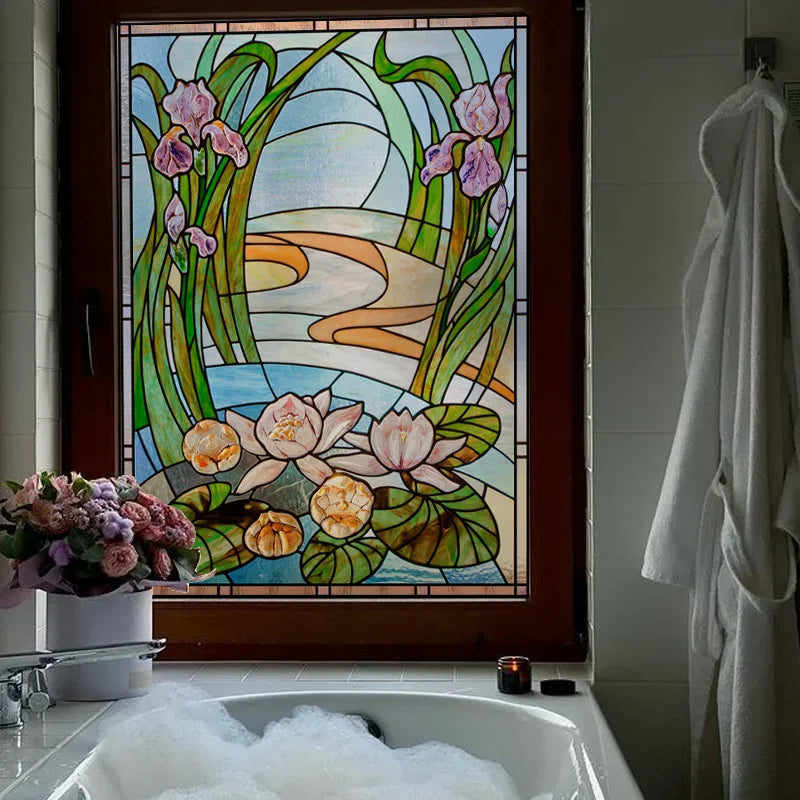 Window Film Frosted Stained Glass Films,Customized Privacy Static Cling,Retro Colorful Stickers Home Decor Bathroom Skylight