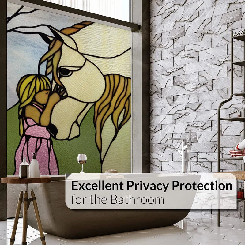 Custom size Stained Glass Window Film Retro Painted Horse Deer, Frosted Static Cling Art Colored Glass Films,Glass Sticker