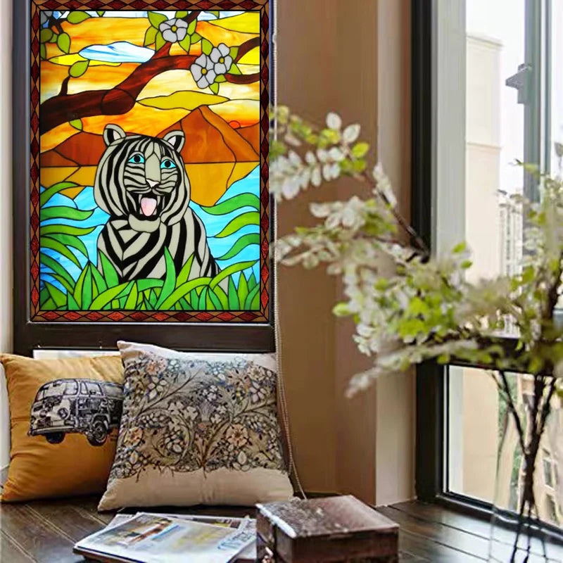 Stained Glass Window Film Frosted Glass Sticker Forest Customized Privacy Static Cling,Print Sticker,Bear,Office Home Decor