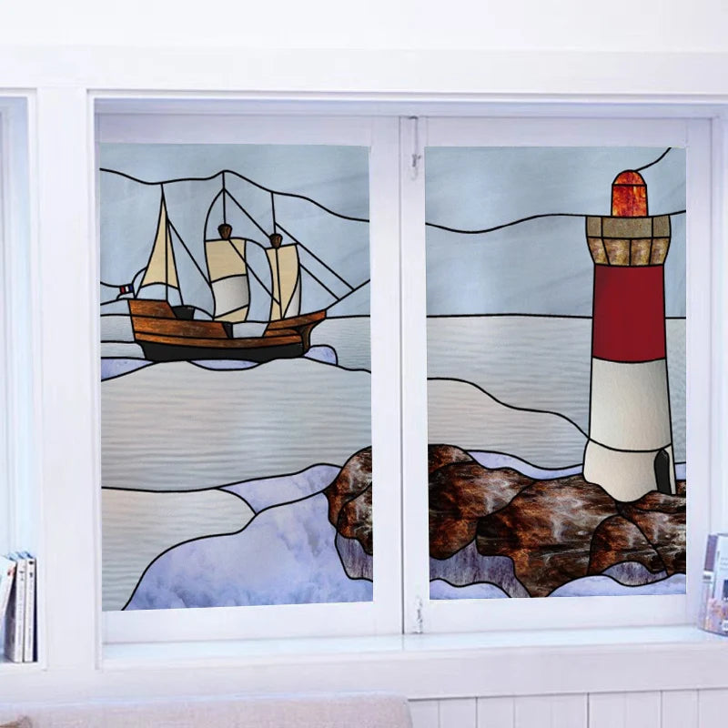 Custom Size Stained Glass Films,Privacy Static Cling,Print Castle, Lighthouse Tower, Sailboat Door Sticker,Office, Home Decor