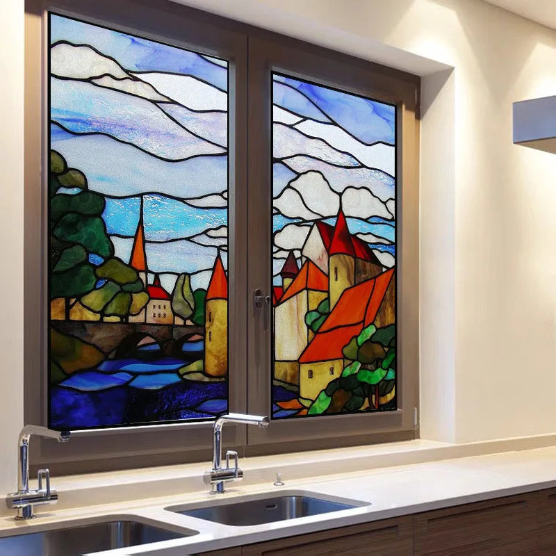 Frosted Stained Glass Window Film, Customized Ocean Boat Color, Static Cling Sticker,Home Decor Foil, Treatment