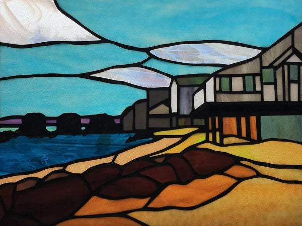 Landscape Painting Stained Glass Films, Transom Windows Film, Opaque Sticker, Self Adhesive, Static Cling, Custom Size