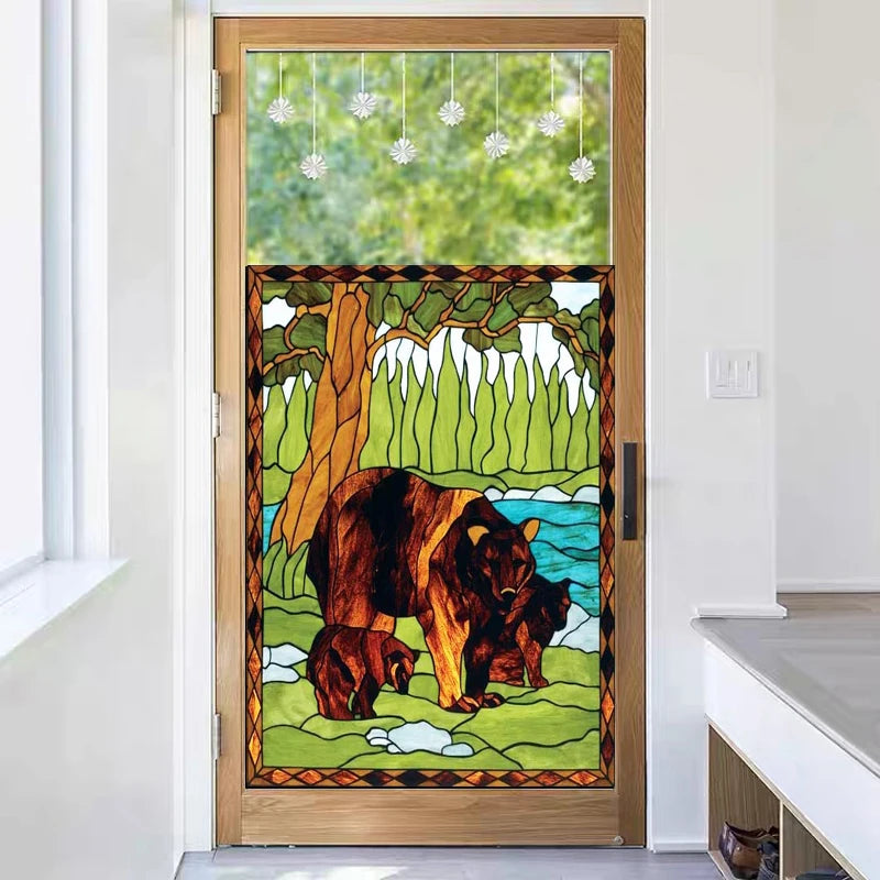 Stained Glass Window Film Frosted Glass Sticker Forest Customized Privacy Static Cling,Print Sticker,Bear,Office Home Decor