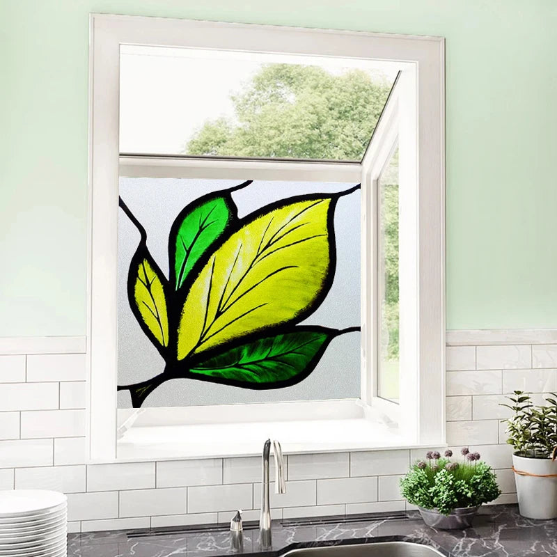 Frosted Stained Glass Window Film, Leaf Tree Static Cling Sticker,Home Decor Foil Treatment, Customized Art Design