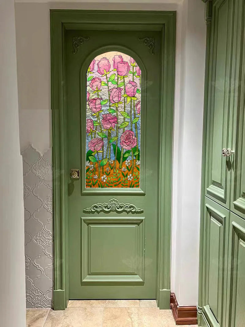 Window Film Stained Glass Films Frosted Static Cling Light-transparent Opaque Privacy Glass Sticker Home Decor Rose Flower