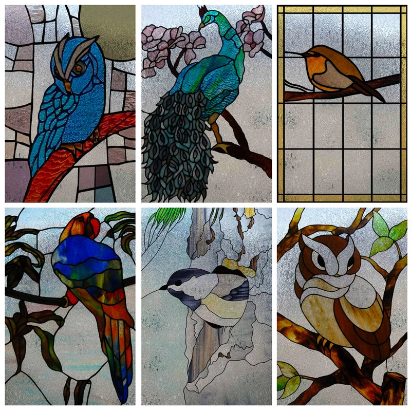 3D Matte Window Film,Stained Glass Decorative Uv Window Sticker,Privacy Frosted Static Cling,Custom size for Glass,Birds,Peacock