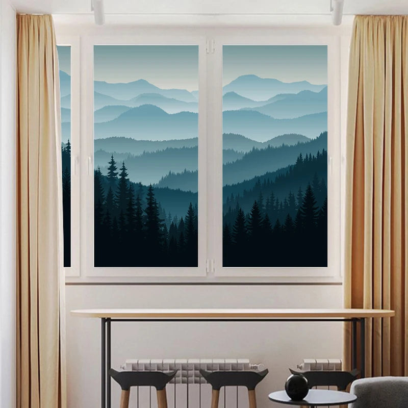 Stained Glass Wndow Films,Frosted Glass Sticker,Static Cling,for Bathroom Kiechen Door Office Home Decor Custom size Mountain