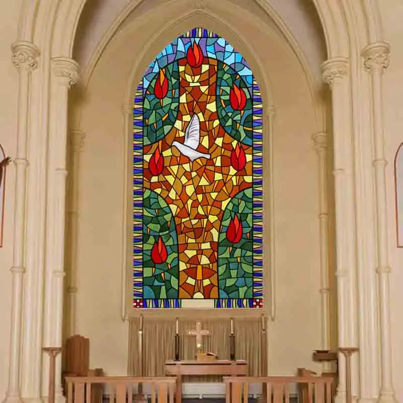 Custom Size Window Glass Films Satic Cling Classical Frosted Glass European Church Stained Glass Window Sticker Foil