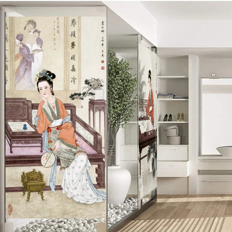 Stained Static Cling Window Film,Frosted Opaque Glass Sticker,Chinese style print Poster for Restaurant Home Decor