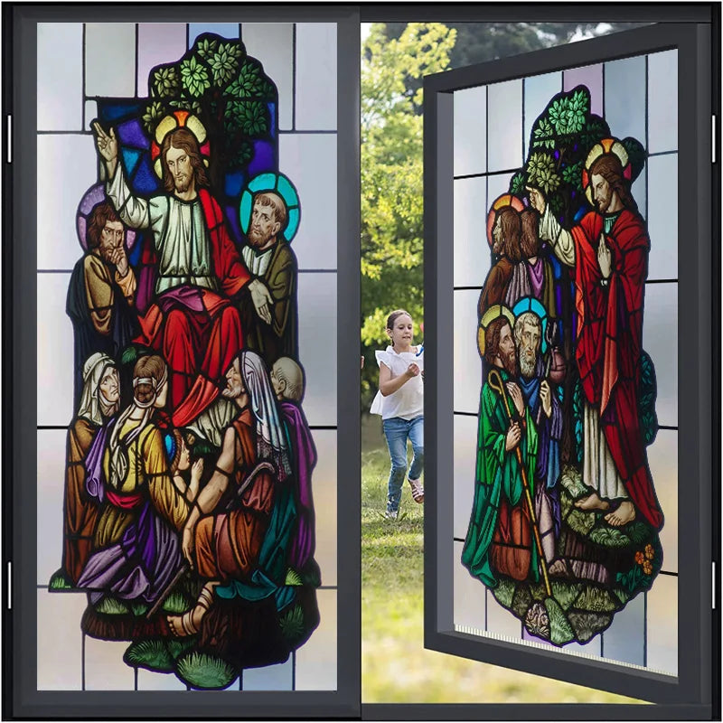 Decorative self adhesive/static cling frosted stained continental  window film can do custom size Crucifixion of Jesus/Christ