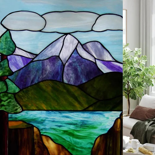 Custom size Glass Films,Stained Glass Stickers Static Cling,Frosted Privacy Print Tree,Rivers,Hill For Window Door Home Decor