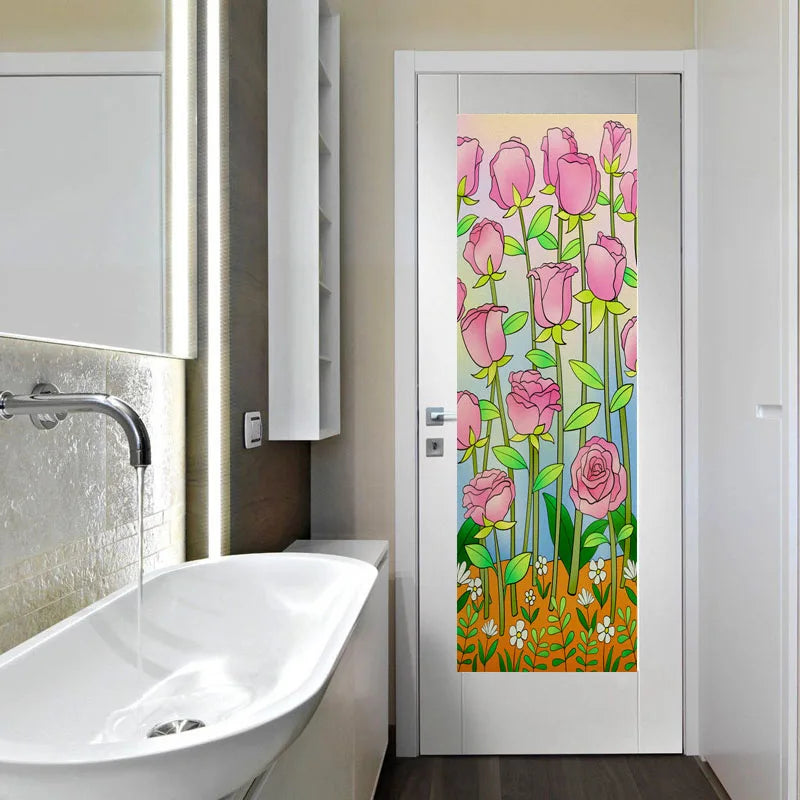 Window Film Stained Glass Films Frosted Static Cling Light-transparent Opaque Privacy Glass Sticker Home Decor Rose Flower