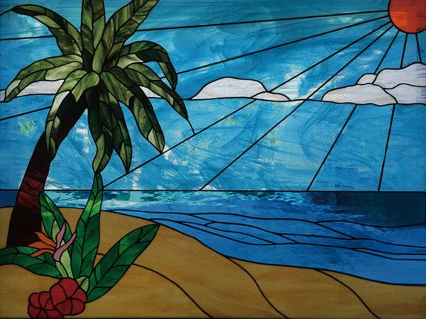 Landscape Painting Stained Glass Films, Transom Windows Film, Opaque Sticker, Self Adhesive, Static Cling, Custom Size