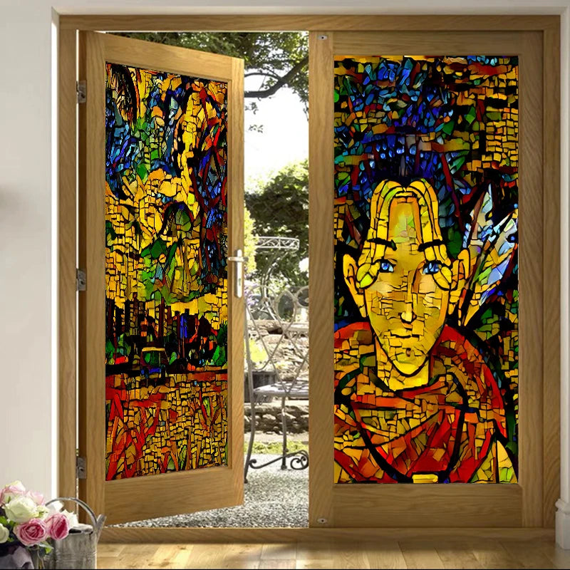 Customized Size No Glue Static Cling Frosted Stained Glass Window Films for Bathroom Door Home Decor Print Mosaic Night Moon