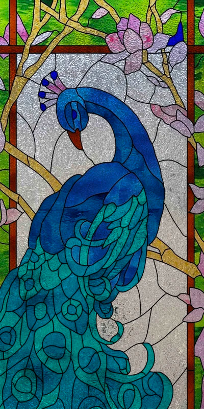 Custom Size 3D Matte Window Film, Stained Glass, Decorative UV Window Sticker, Privacy Frosted Static Cling, Home Decal,Peacock