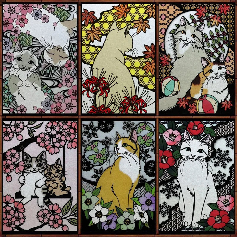 Customized Stained Glass Film Window Films Static Cling Frosted Sticker Japanese-Style Home Decor Cat  Cherry Blossom Poster