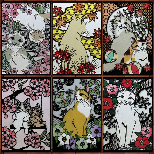 Customized Stained Glass Film Window Films Static Cling Frosted Sticker Japanese-Style Home Decor Cat  Cherry Blossom Poster