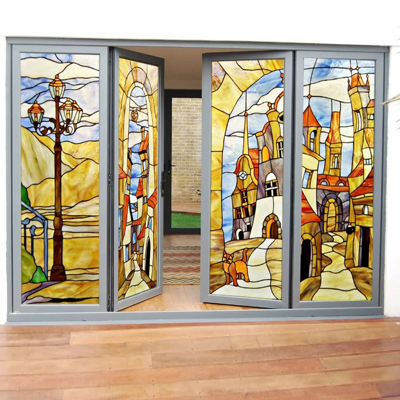 Customized Stained Glass Film Window Films,Static Cling Frosted Privacy,Bathroom Kitchen Cupboard Door Sticker,Castle