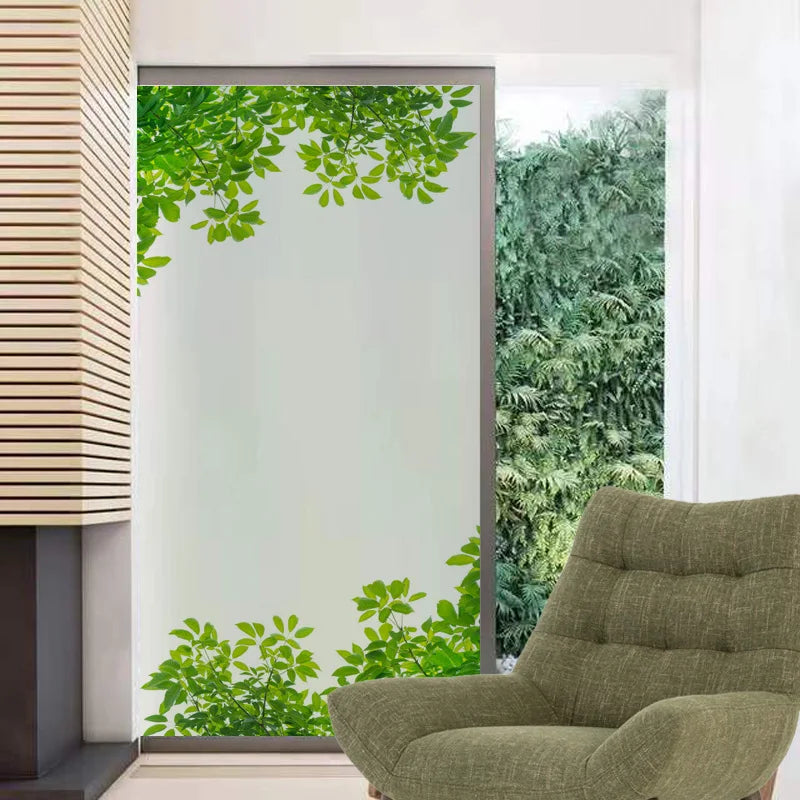 Stained Glass Vinyl Window Stickers Luxury Frosted Surface Bedroom Bathroom Decor Window Film Privacy Green Leaves Custom Size
