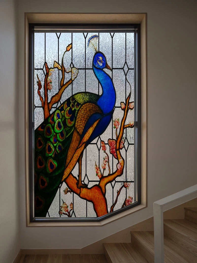 3D Matte Window Film,Stained Glass Decorative Uv Window Sticker,Privacy Frosted Static Cling,Custom size for Glass,Birds,Peacock
