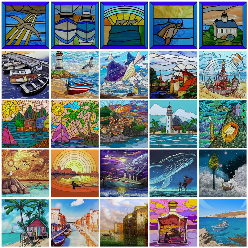 Frosted Stained Glass Window Film, Customized Ocean Boat Color, Static Cling Sticker,Home Decor Foil, Treatment