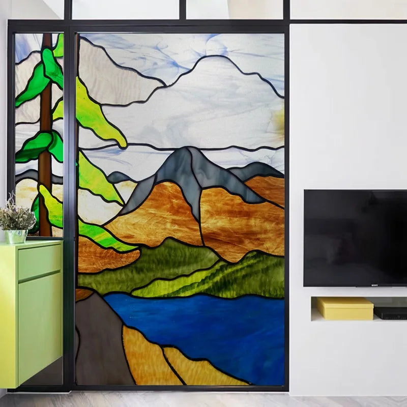 Custom size Glass Films,Stained Glass Stickers Static Cling,Frosted Privacy Print Tree,Rivers,Hill For Window Door Home Decor