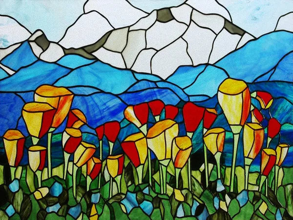 Landscape Painting Stained Glass Films, Transom Windows Film, Opaque Sticker, Self Adhesive, Static Cling, Custom Size