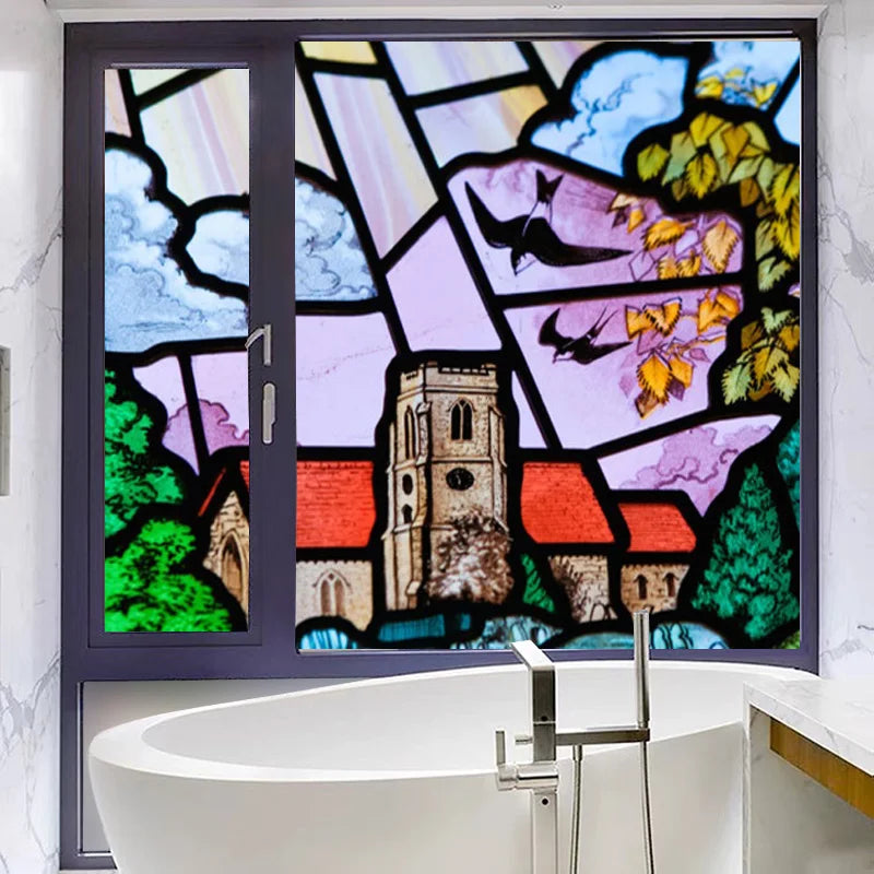 Glass Films Window Sticker Static Cling Frosted Home Decor Private Tint-Film For Door Window Cabinet Wardrobe Village Mountain