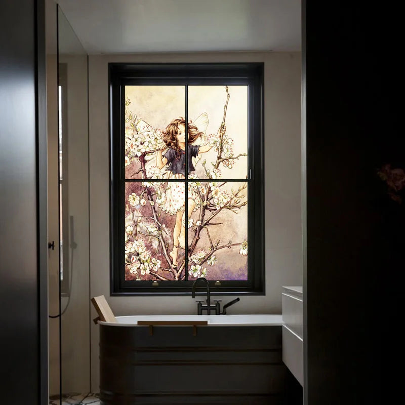 Custom Size Stained Glass Window Film, Flower Tree, Fairy Stickers, Static Cling, Kitchen, Bathroom, Bedroom, Door, Home Decor