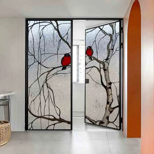 Custom size Stained Glass Window Film Door Sticker 3D Frosted Static Cling Art Colored Glass Birds Tree Home Decoration