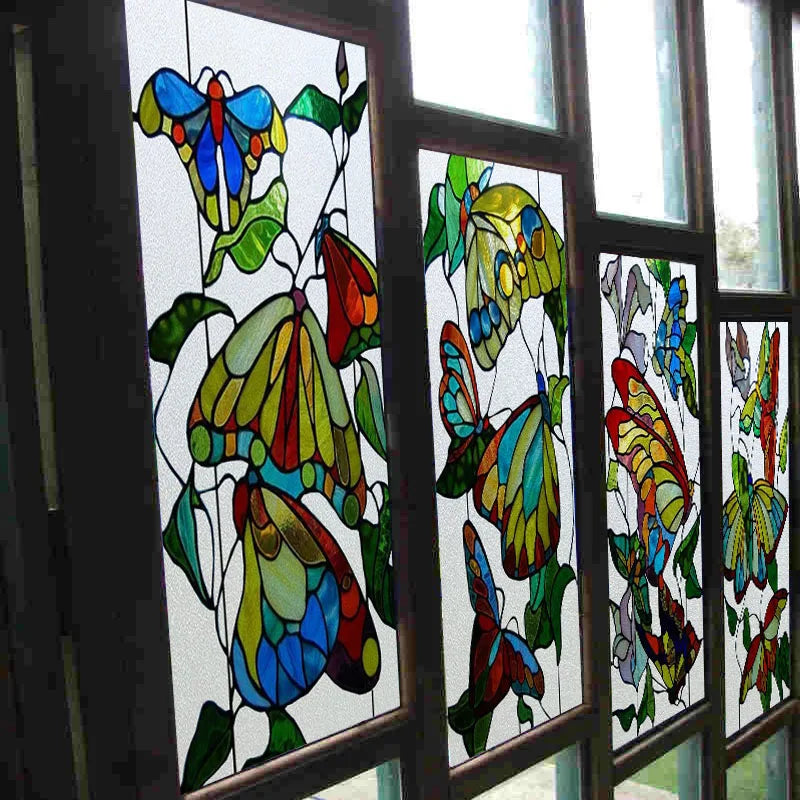 Custom size Glass Films,Stained Glass Stickers Static Cling,Frosted Privacy Print Dragonfly Butterfly for Window Door Home Decor