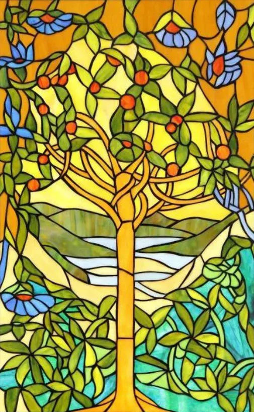 Custom Size Stained Glass Films,Frosted Privacy, Static Cling Poster, Retro Tree Scenic Color Printing Window Film Door Stickers