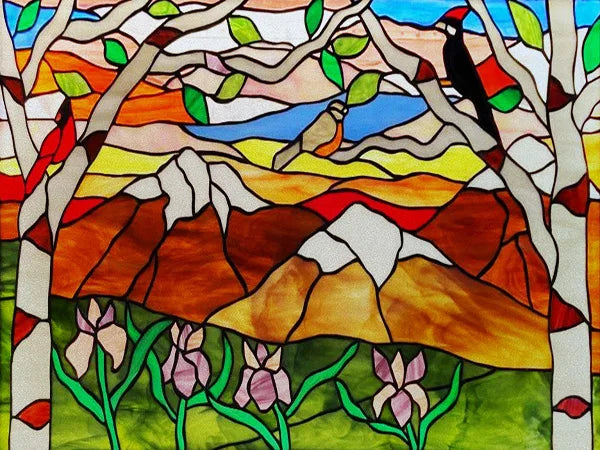 Landscape Painting Stained Glass Films, Transom Windows Film, Opaque Sticker, Self Adhesive, Static Cling, Custom Size