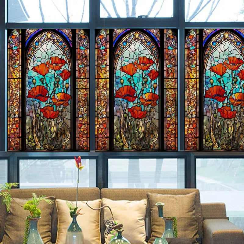 Window Film Frosted Stained Glass Films,Customized Art Design Static Cling Sticker,Rose Flower Home Decor Foil Window Treatment