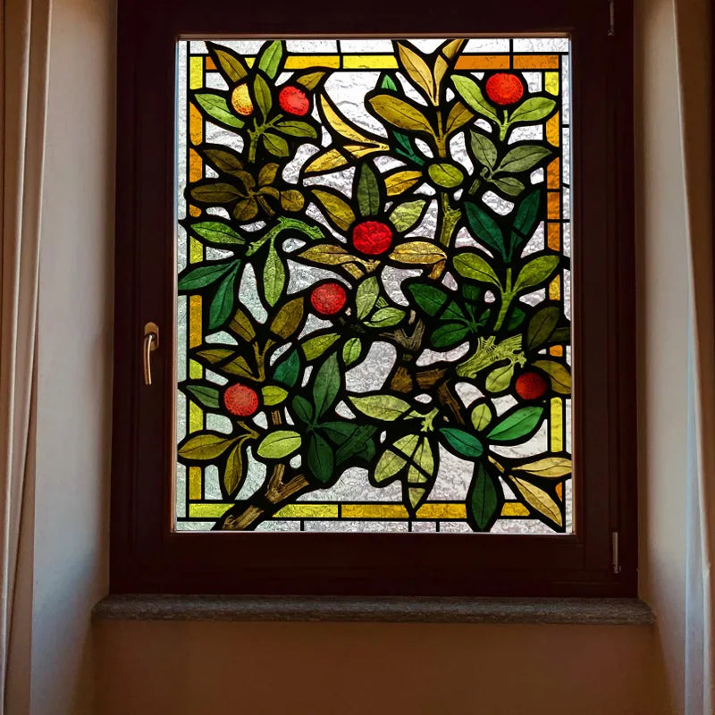 Frosted Stained Glass Window Film, Customized Decor Design, Red Bayberry Static Cling Sticker,Home Decor Foil, Treatment