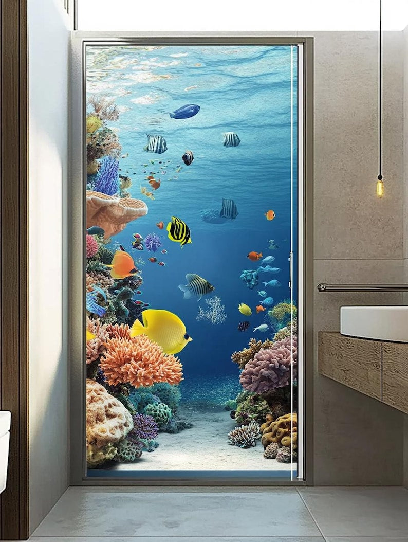 Custom Size Ocean-Themed Bathroom Door Privacy Film Underwater Coral Reef Design for Decorative and Moisture-Proof Protection