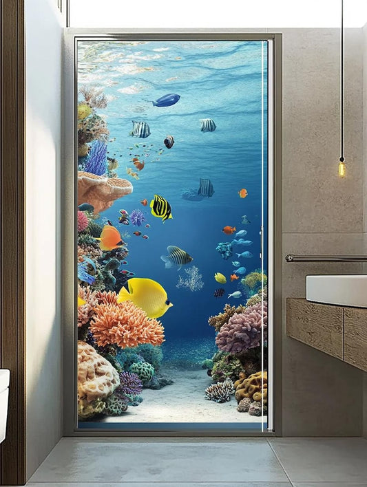 Custom Size Ocean-Themed Bathroom Door Privacy Film Underwater Coral Reef Design for Decorative and Moisture-Proof Protection
