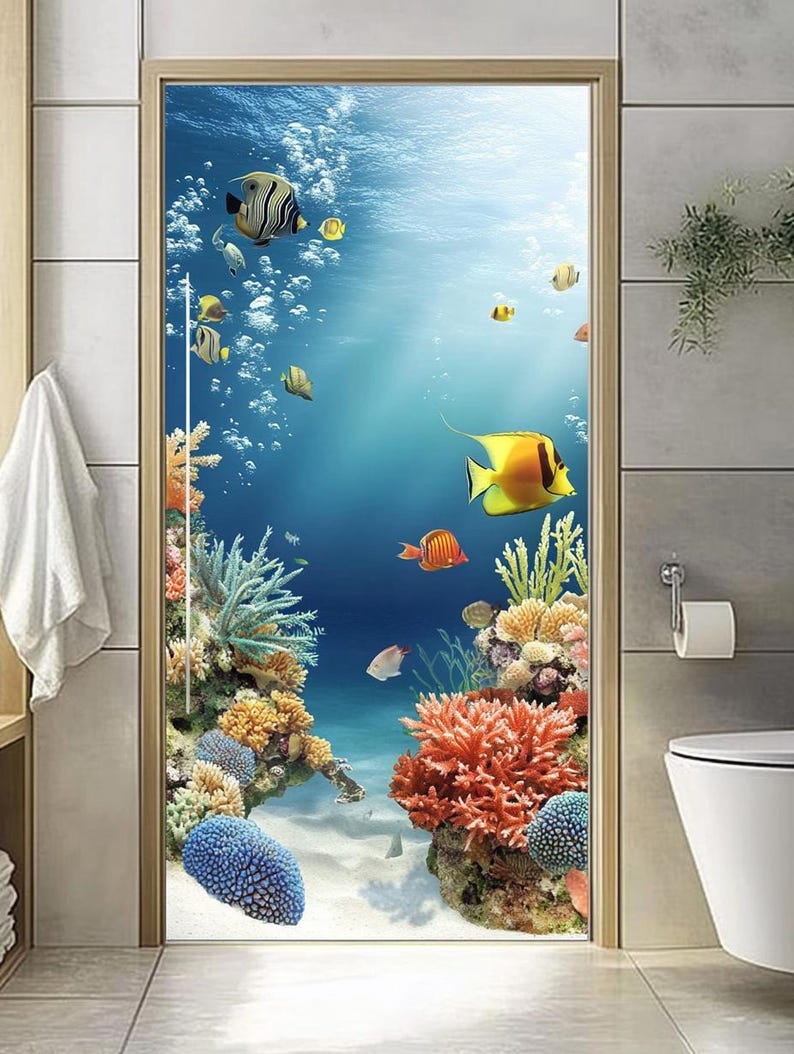 Custom Size Ocean-Themed Bathroom Door Privacy Film Underwater Coral Reef Design for Decorative and Moisture-Proof Protection