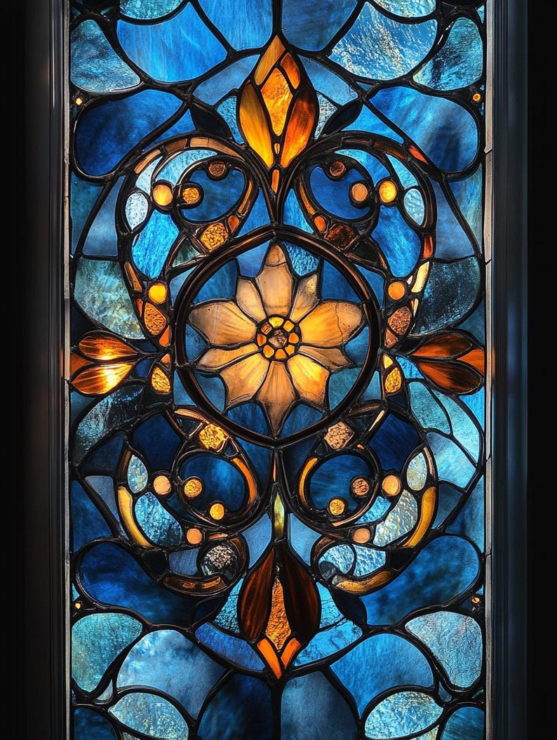 Custom Size Stunning Blue and Amber Floral Stained Glass Window Film Non-Adhesive Static Cling Decorative Privacy Film for Glass Doors