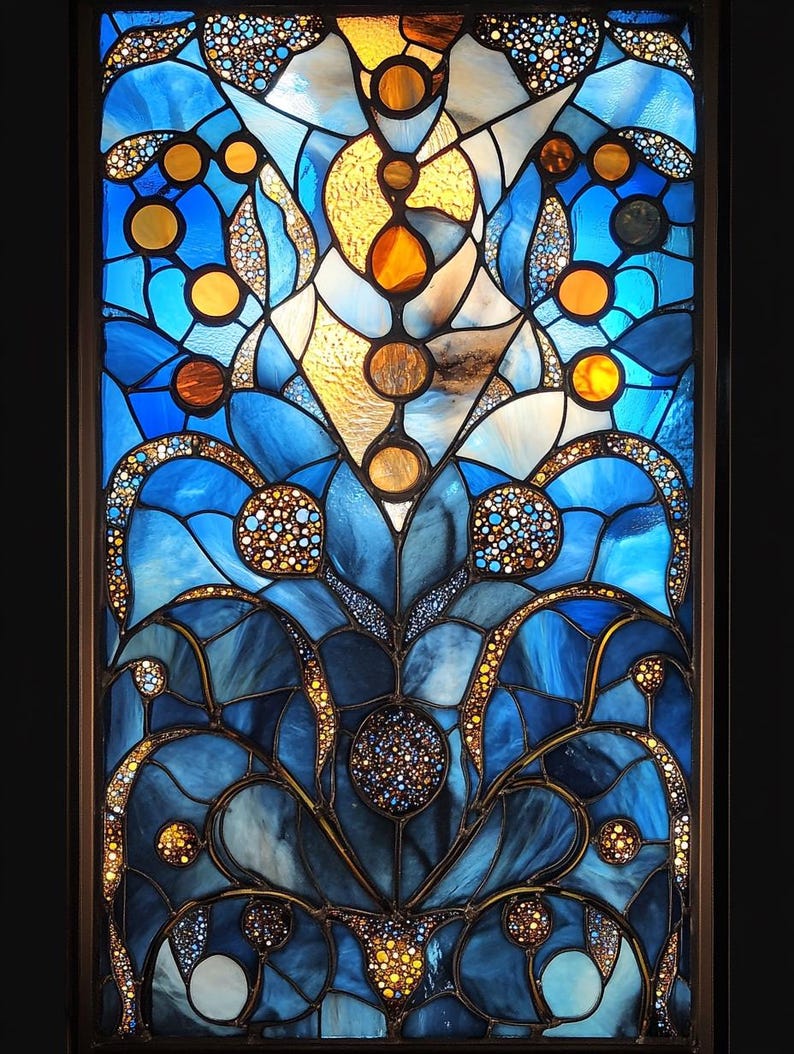 Custom Size Stunning Blue and Amber Floral Stained Glass Window Film Non-Adhesive Static Cling Decorative Privacy Film for Glass Doors