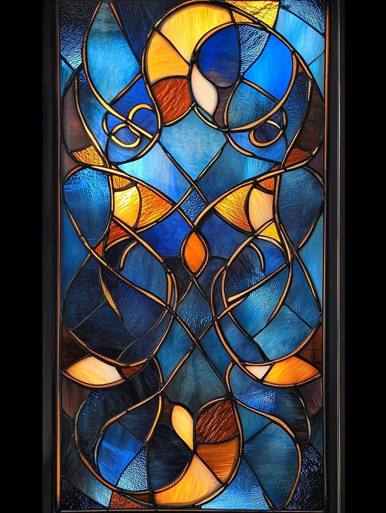 Custom Size Stunning Blue and Amber Floral Stained Glass Window Film Non-Adhesive Static Cling Decorative Privacy Film for Glass Doors