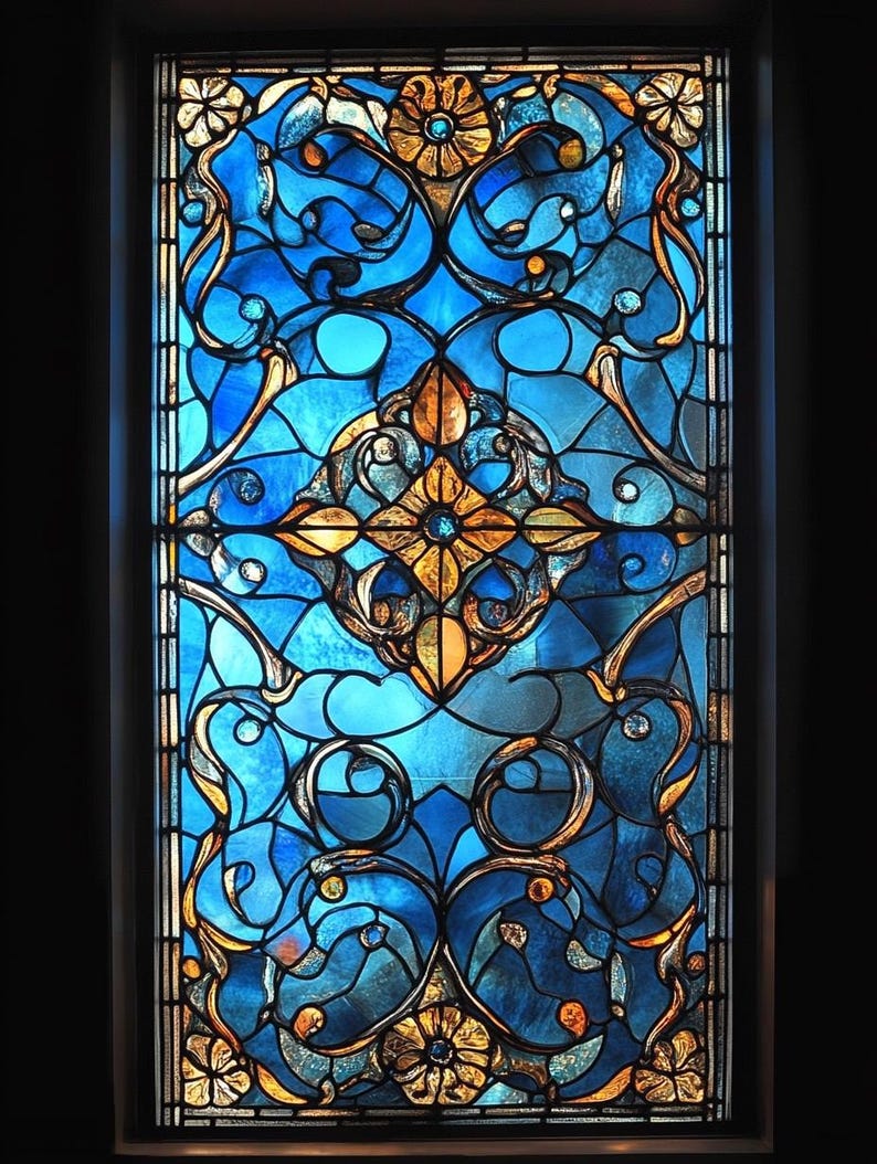 Custom Size Stunning Blue and Amber Floral Stained Glass Window Film Non-Adhesive Static Cling Decorative Privacy Film for Glass Doors