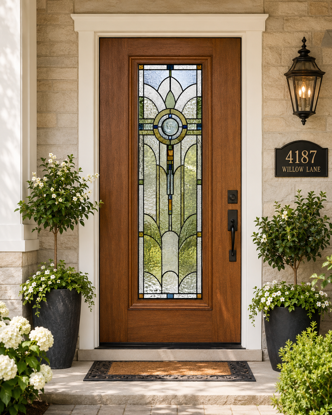 Sage Art Deco medallion window film on a front door