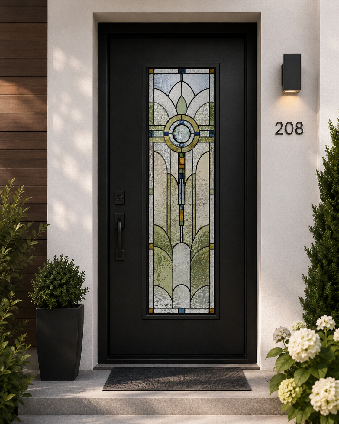 Art Deco sage medallion window film on a dark front door